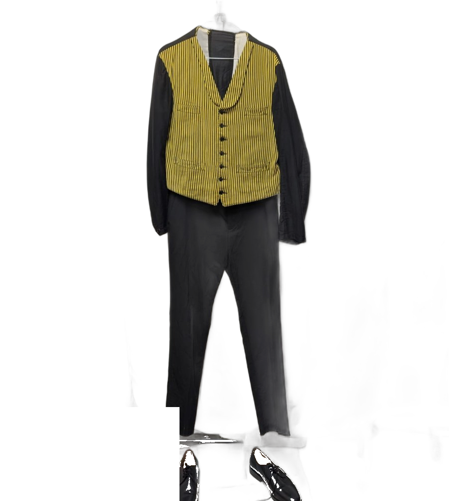 Costume cirque / Mr Loyal : gilet à rayures verticales jaune et noir, pantalon noir, derbies noirs