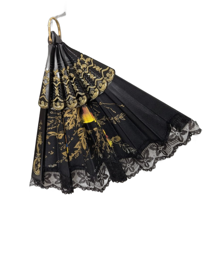 Éventail flamenco noir et doré déployé, bordure dentelle