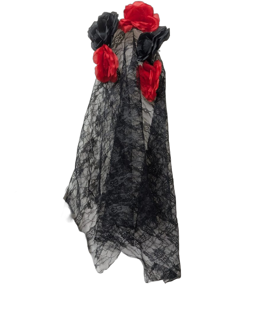 Mantille noire en dentelle espagnole avec couronne de roses rouges et noires