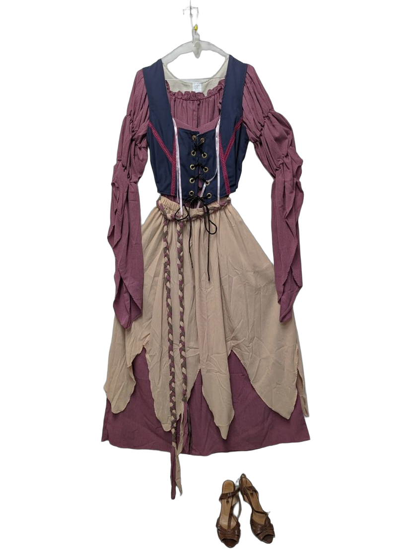 Robe de sorcière, costume Halloween, déguisement médiéval fantasy, robe gothique. Corsage lacé marine sur chemise blanche à col carré, manches bouffantes rose poudré drapées en pointes pendantes, jupe à deux couches découpées en feuilles (beige sur rose), sandales spartiates. Sorcière, magicienne, paysanne médiévale, servante d'auberge fantasy, robe Esméralda, Renaissance Faire