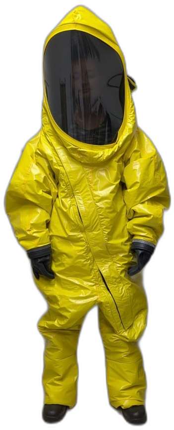 Combinaison NRBC / HAZMAT jaune intégrale avec casque visière fumée, portée par un mannequin