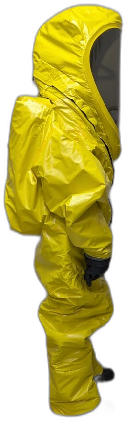 Combinaison NRBC / HAZMAT jaune vue de profil, capuche fermée avec visière