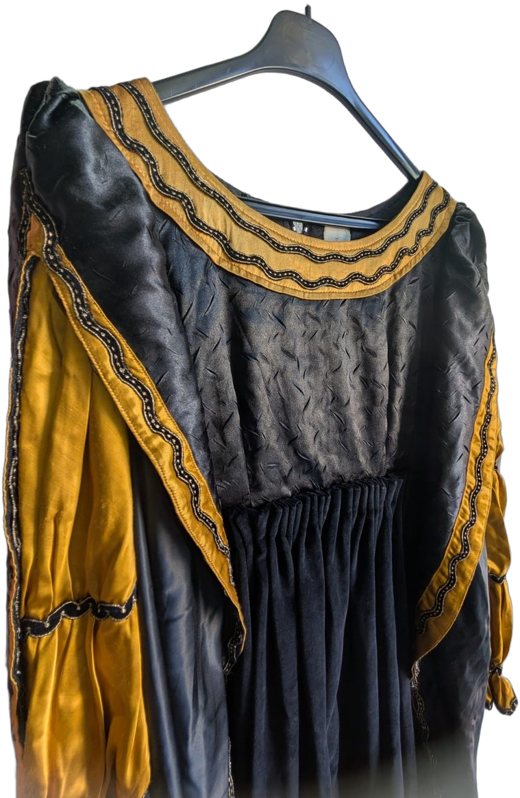 Détail buste de la robe Renaissance XVIᵉ : manches à crevés satin jaune et noir, encolure carrée à galon doré et serpentine perlée noire, broderie d'époque