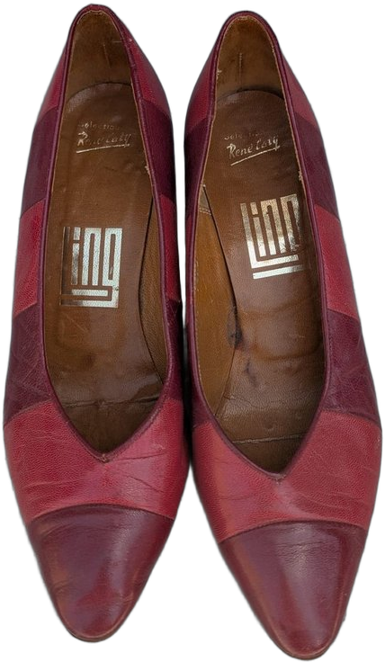 Escarpins femme bordeaux/rouge en cuir, bout pointu, patchwork de panneaux nuances rouges, talon moyen (années 80)