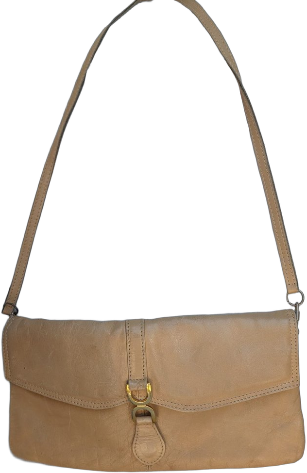 Petit sac à main bandoulière en cuir beige avec ferrure dorée en U